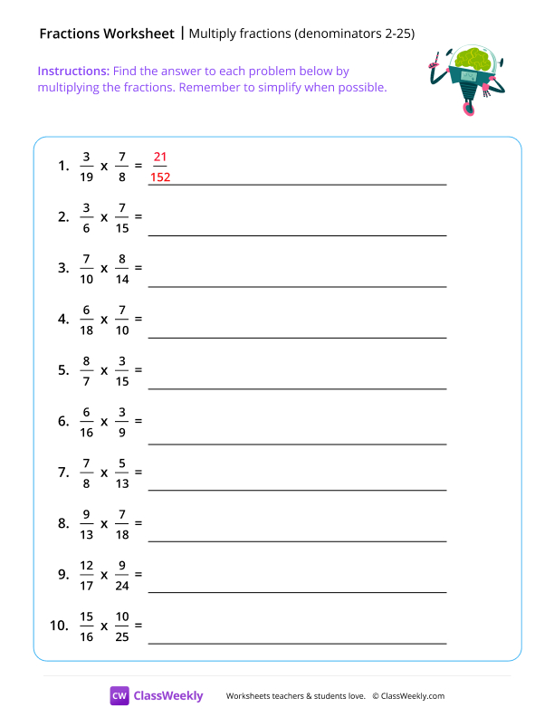 Multiply Fractions (Denominators 2-25) - Green Robot worksheet preview