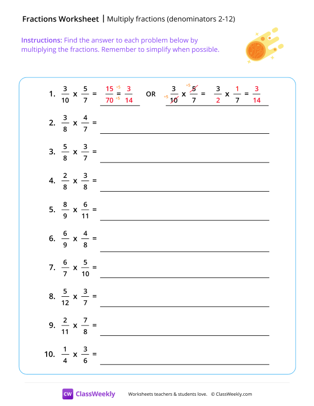 Multiply Fractions (Denominators 2-12) - Comet worksheet preview
