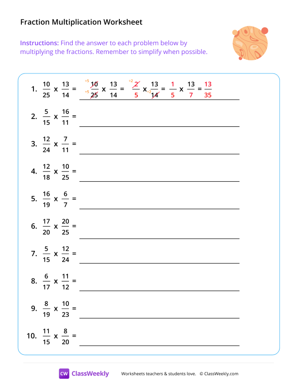 Multiply Fractions (Denominators 2-25) - Orange Planet worksheet preview