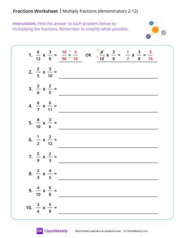 Multiply Fractions (Denominators 2-12) - Solar System worksheet preview
