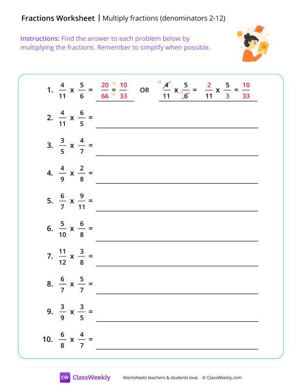Multiply Fractions (Denominators 2-12) - Space Explorer worksheet preview
