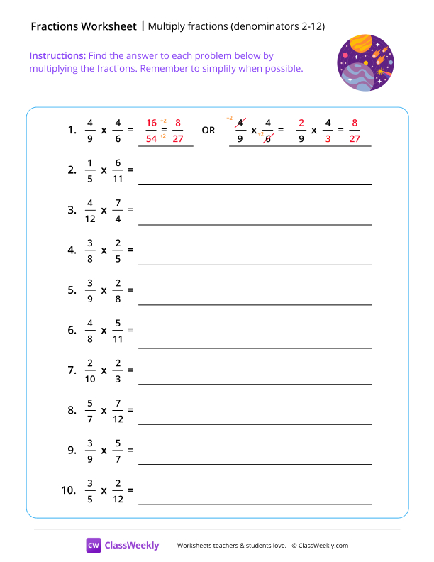 Multiply Fractions (Denominators 2-12) - New Worlds worksheet preview