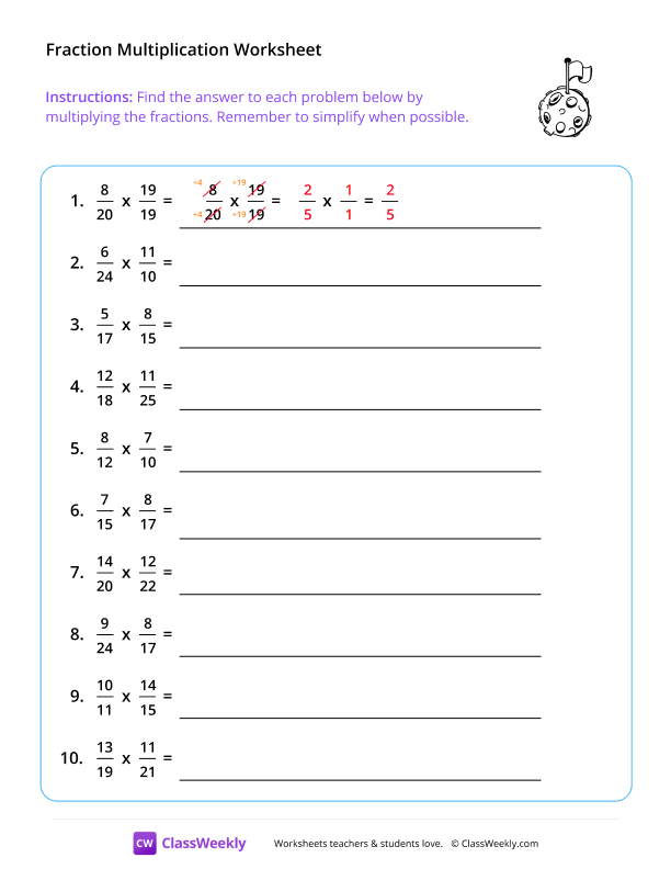 Multiply Fractions (Denominators 2-25) - Planet Flag worksheet preview