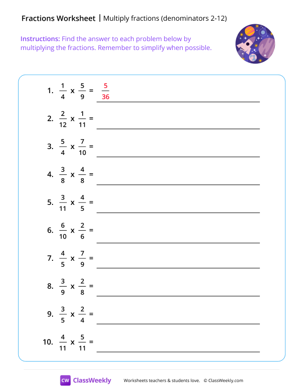 Multiply Fractions (Denominators 2-12) - Spaceship worksheet preview