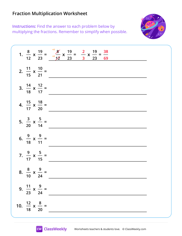 Multiply Fractions (Denominators 2-25) - Roller Spacer worksheet preview