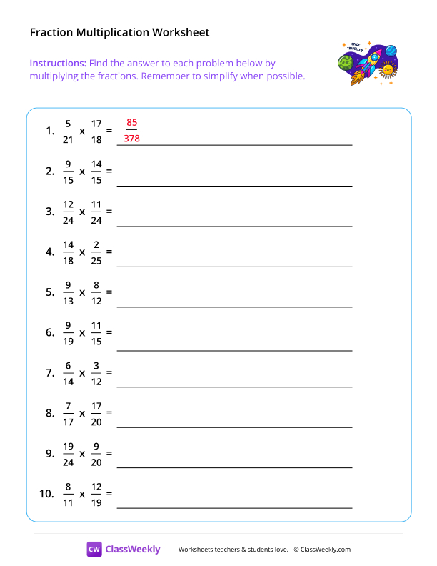 Multiply Fractions (Denominators 2-25) - Space Jam worksheet preview