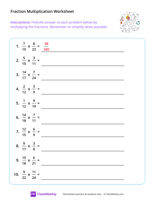 Multiply Fractions (Denominators 2-25) - Space Sketch worksheet preview