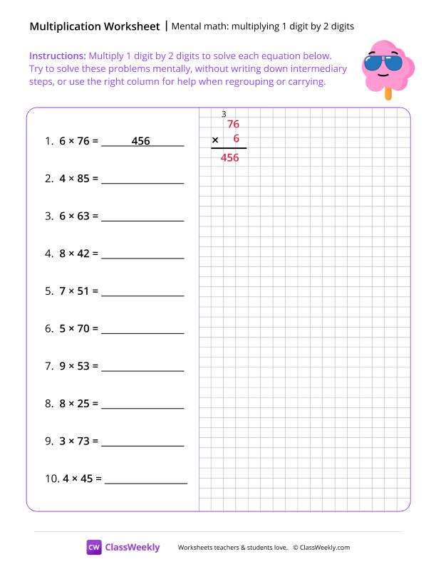Mental math: Multiplying 1 digit by 2 digits worksheet preview
