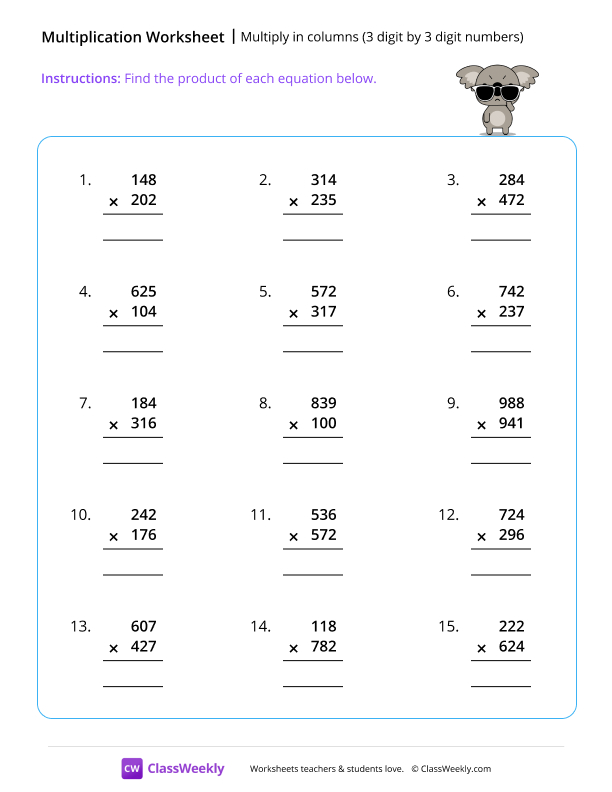 Multiply 3 by 3 digits - Koala worksheet preview