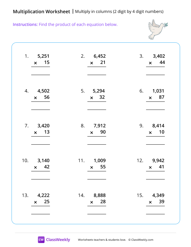 Multiply 2 by 4 digit numbers - Dove worksheet preview