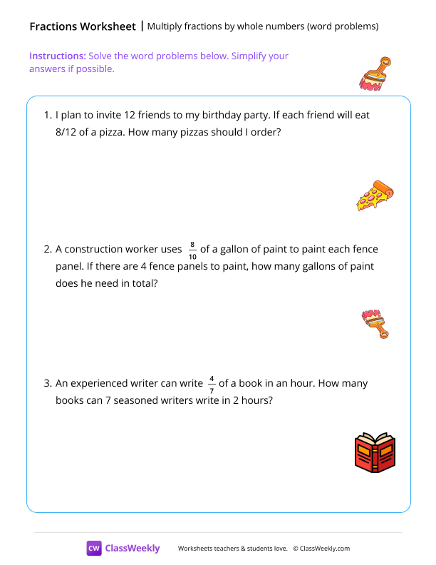 Multiply fractions by whole numbers - Paint worksheet preview