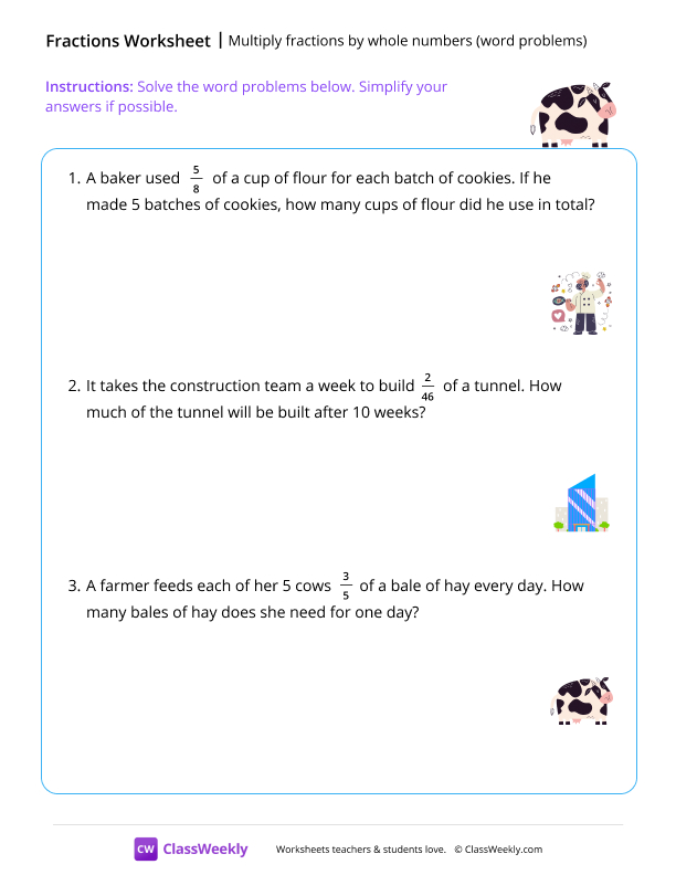 Multiply fractions by whole numbers - Cow worksheet preview