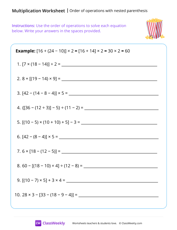 Order of operations with nested parenthesis - Popcorn worksheet preview
