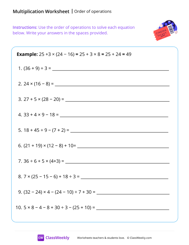 Order of operations - Ticket worksheet preview
