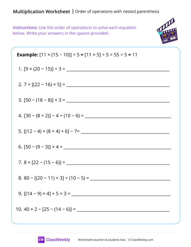 Order of operations with nested parenthesis worksheet preview