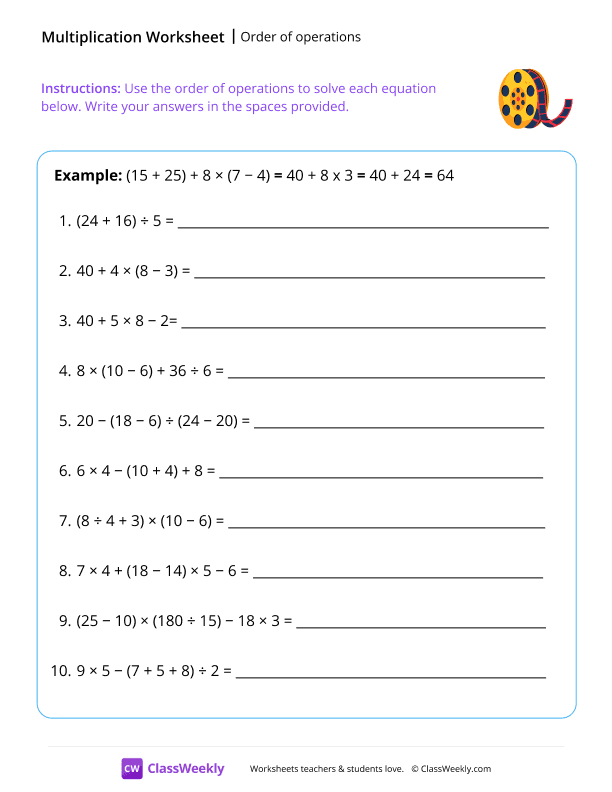 Order of operations - Reel worksheet preview