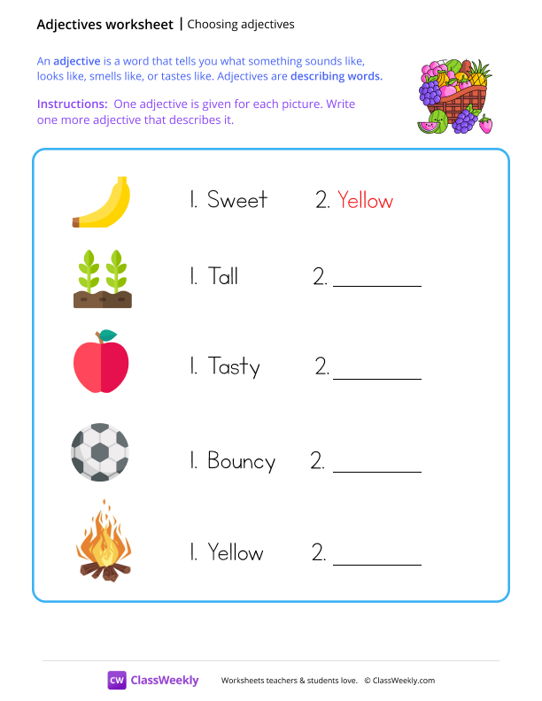 Choosing Adjectives - Fruit Basket worksheet preview