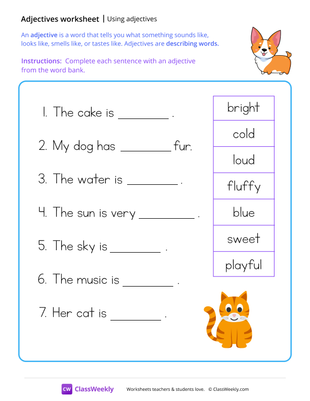 Using Adjectives - Puppy worksheet preview