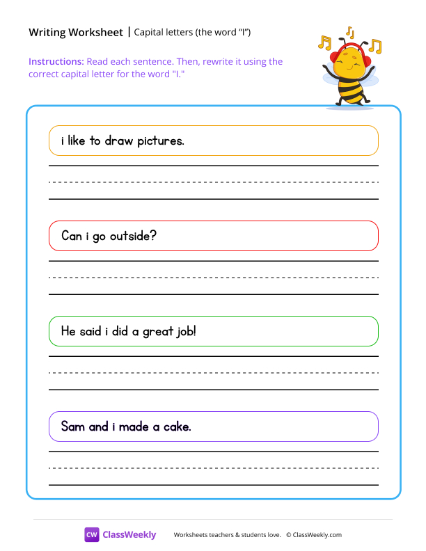 Capital letters (the word I) - Bee worksheet preview