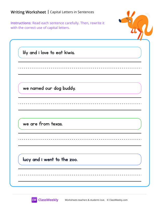 Capital letters in sentences - Kangaroo worksheet preview