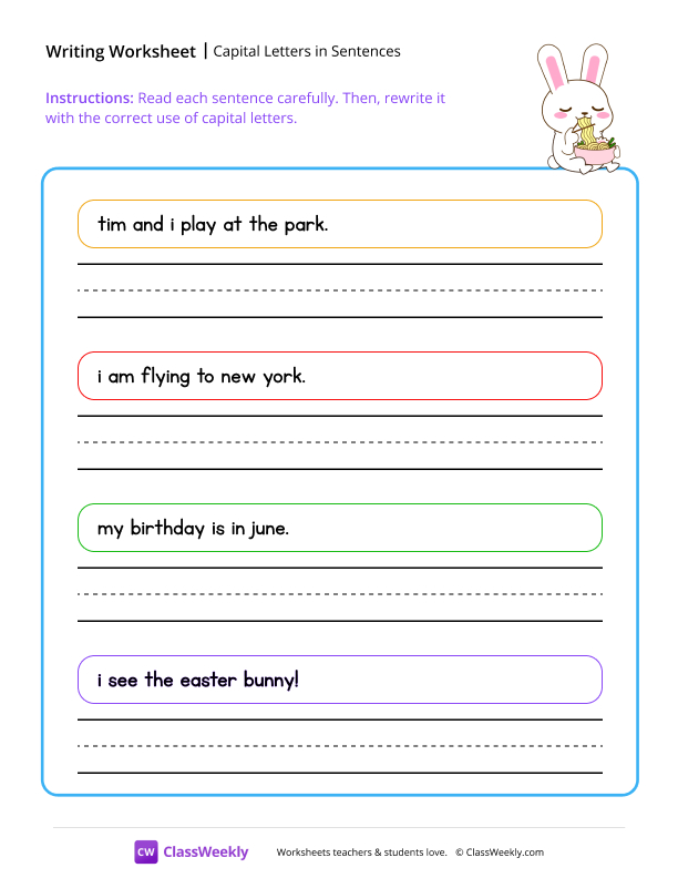 Capital letters in sentences - Bunny worksheet preview