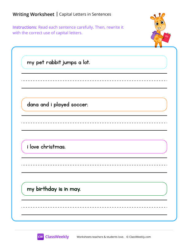 Capital letters in sentences - Giraffe worksheet preview