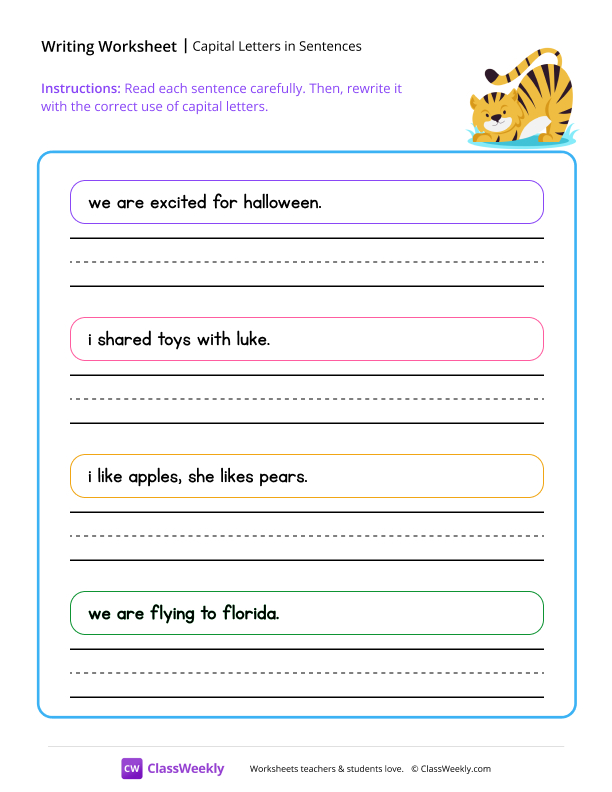 Capital letters in sentences - Tiger worksheet preview