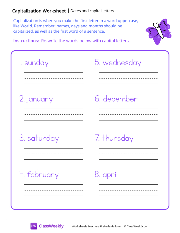 Dates and Capital Letters - Purple Butterfly worksheet preview