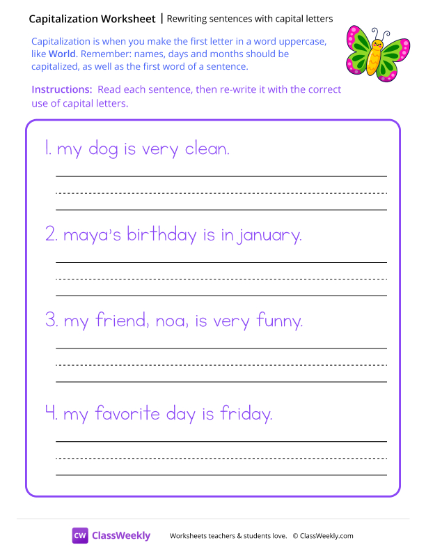 Rewriting Sentences with Capital Letters - Friendly Butterfly worksheet preview