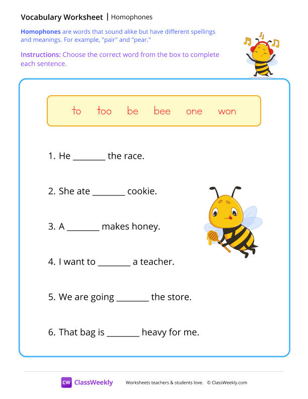 Homophones - Bee worksheet preview