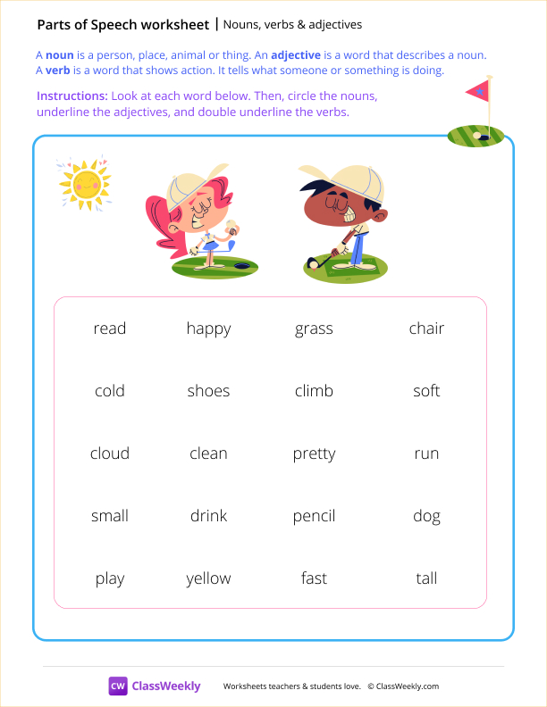 Nouns, verbs & adjectives - Golf worksheet preview