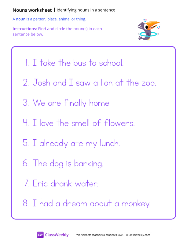 Identifying nouns in a sentence - Toucan worksheet preview
