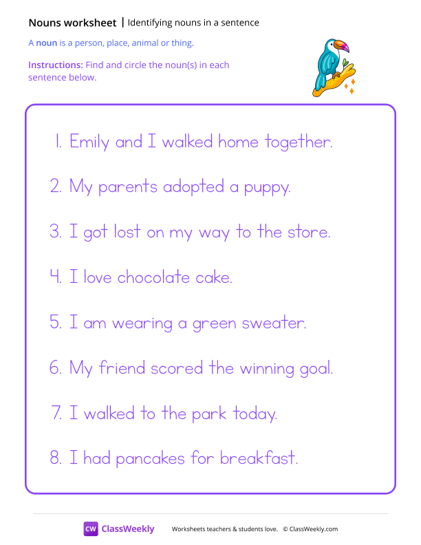 Identifying nouns in a sentence - Parrot worksheet preview