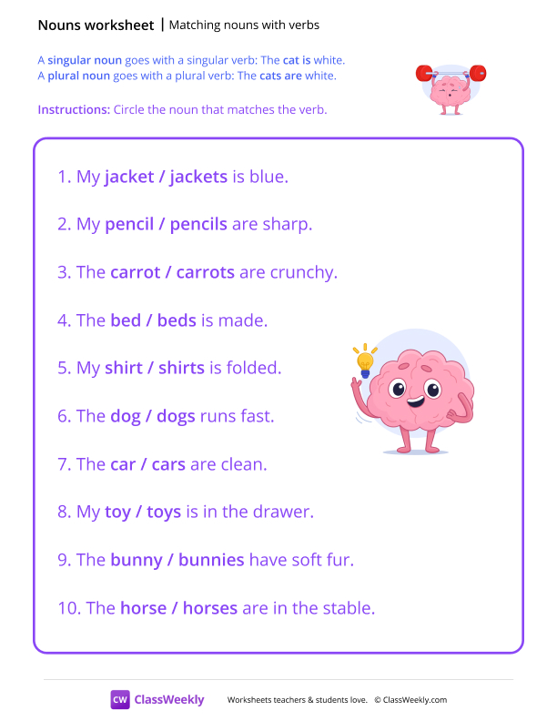 Matching Nouns With Verbs - Brain Muscle worksheet preview