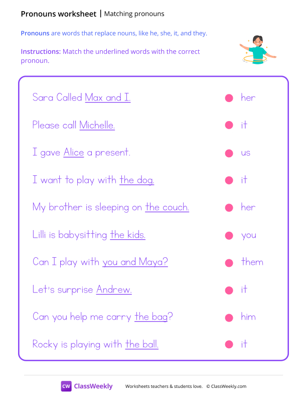 Matching Pronouns - Hula Hoop worksheet preview