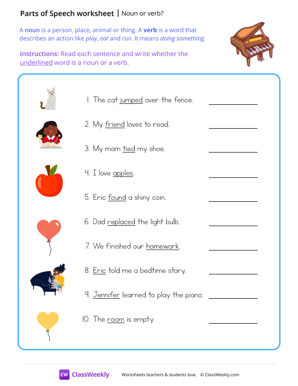 Noun or verb worksheet preview