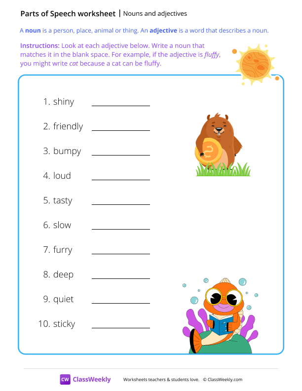 Nouns and adjectives - Sun worksheet preview