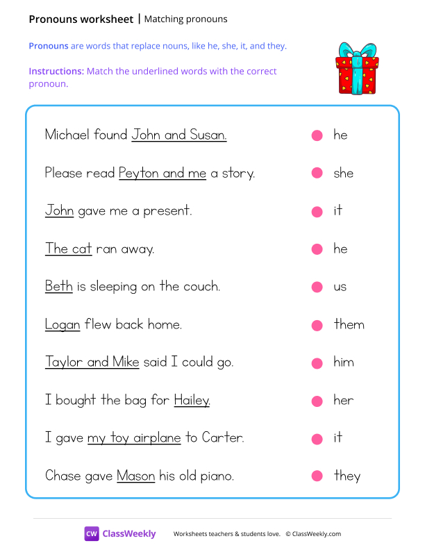 Matching Pronouns - Present worksheet preview