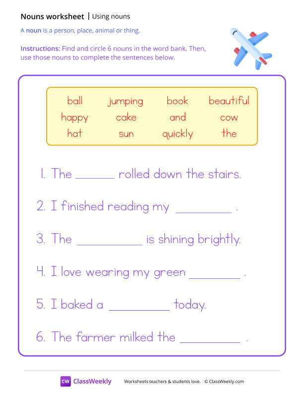Using nouns in a sentence - Plane worksheet preview