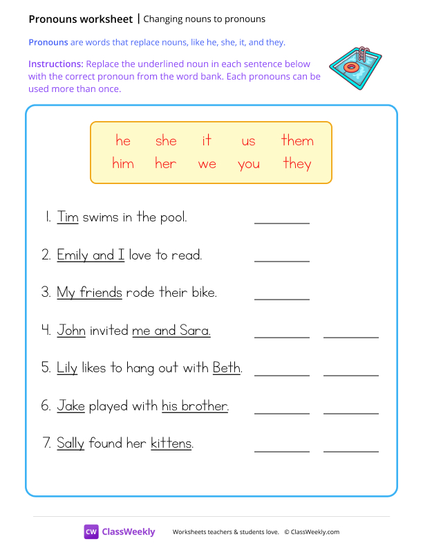 Changing nouns to pronouns - Pool worksheet preview