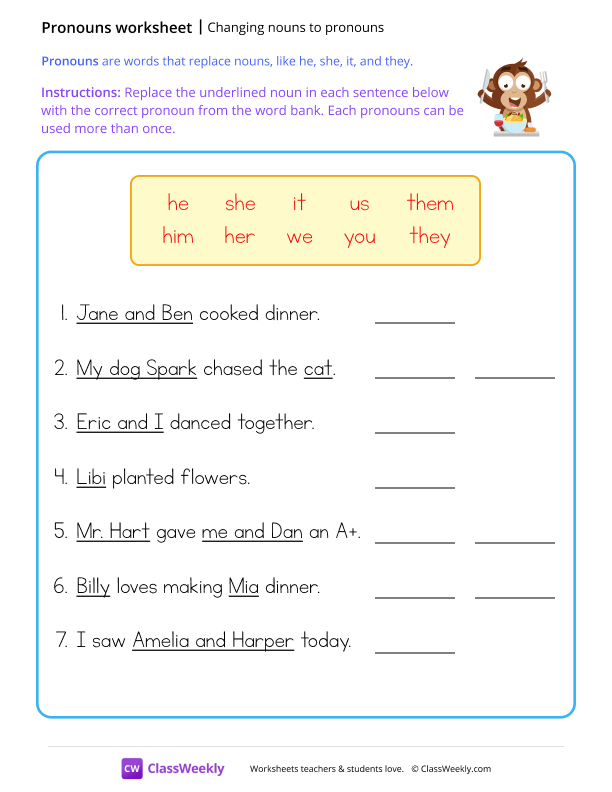 Changing nouns to pronouns worksheet preview