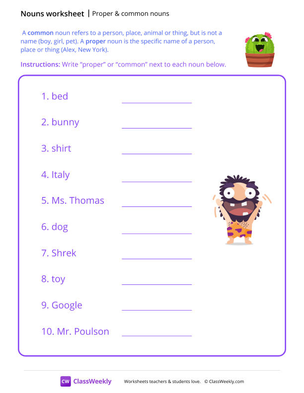 Proper & Common Nouns - Cactus worksheet preview