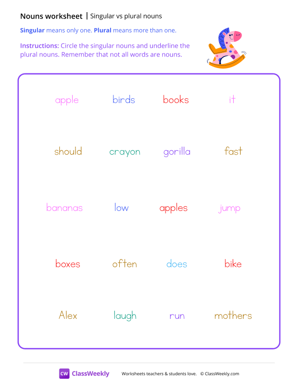 Singular vs Plural Nouns - Rocking Horse worksheet preview