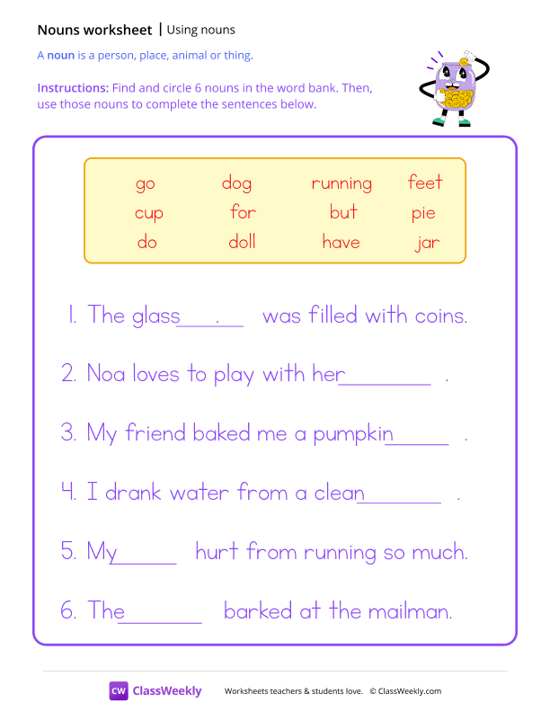 Using nouns in a sentence worksheet preview