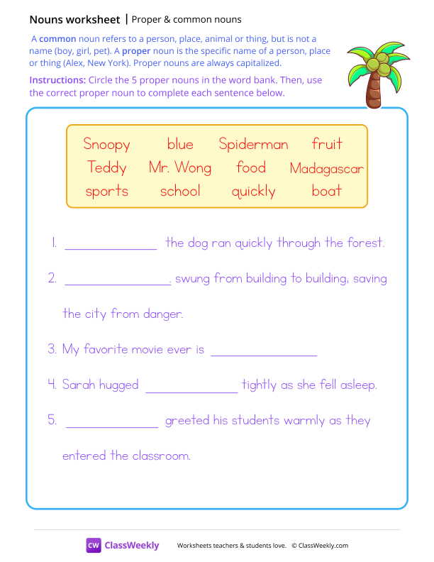 Using proper nouns in a sentence worksheet preview
