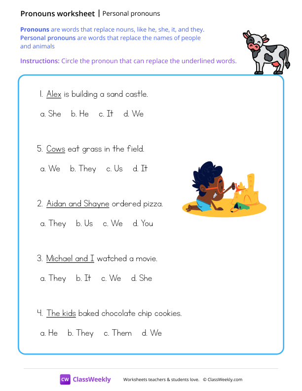 Personal Pronouns - Cow worksheet preview