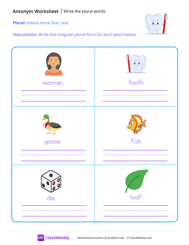 Write the plural words - Mr. Tooth worksheet preview