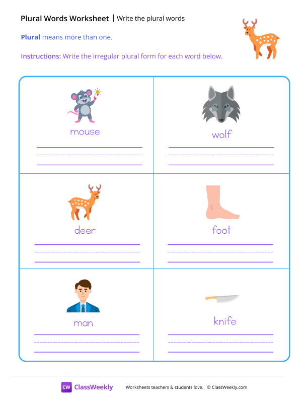 Write the plural words - Deer worksheet preview