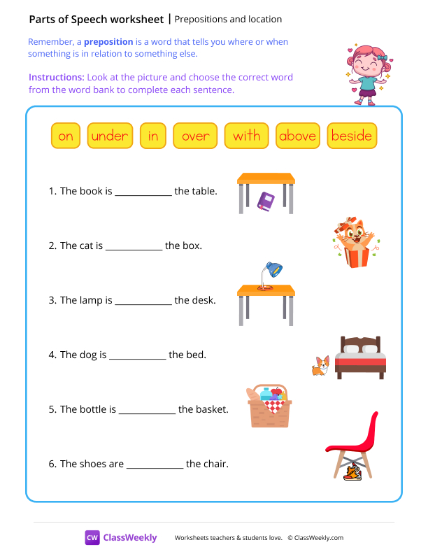 Prepositions and location - Girl worksheet preview