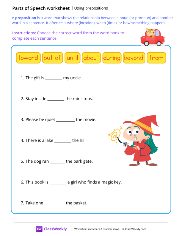 Using prepositions - Ride worksheet preview